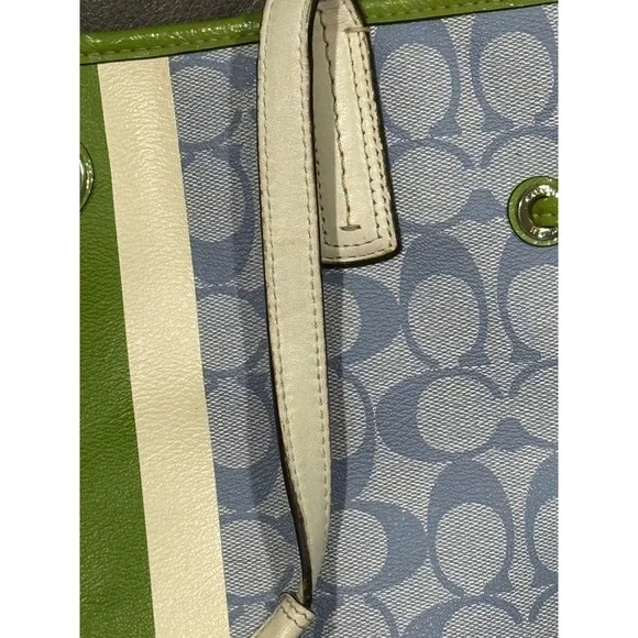 Coach Signature Monogram Tote Bag Blue Green White Leather Trim 15" by 11" - Picture 4 of 11